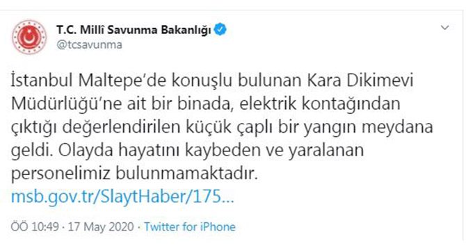 MSB: Kara Dikimevi Müdürlüğü'nde çıkan yangında yaralanan olmadı