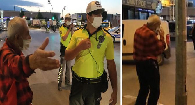 Maske cezası alan yaşlı adam maskesini çıkartıp yoluna devam etti