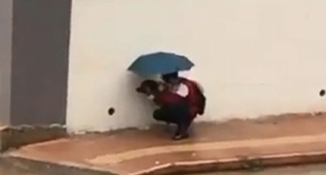 Şemsiyesiyle sokak köpeğini yağmurdan korudu