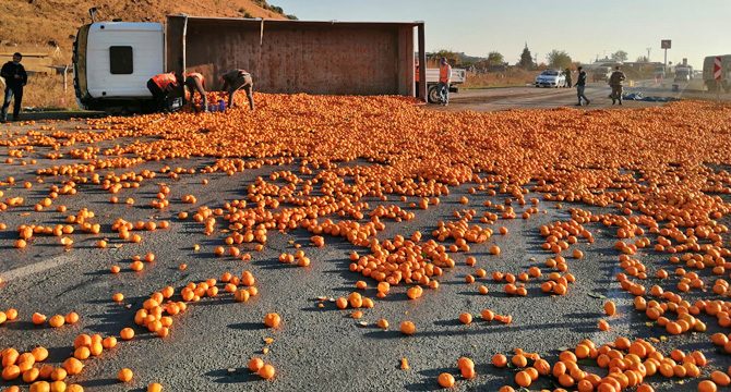 Kamyon devrildi: 15 ton mandalina yola saçıldı