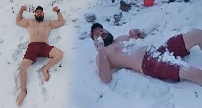 Eksi 15 derece soğukta çırılçıplak soyunup ilginç bir şova imza attı