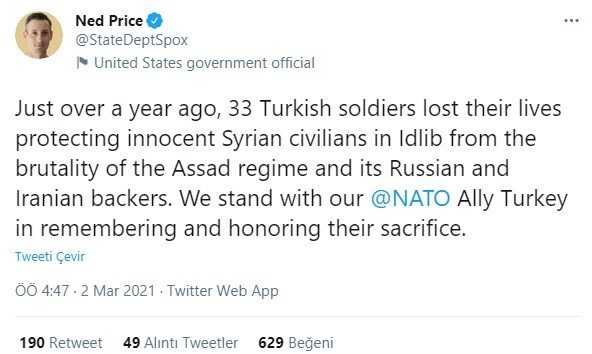 Price, İdlib'de şehit düşen 33 Türk askerini andı