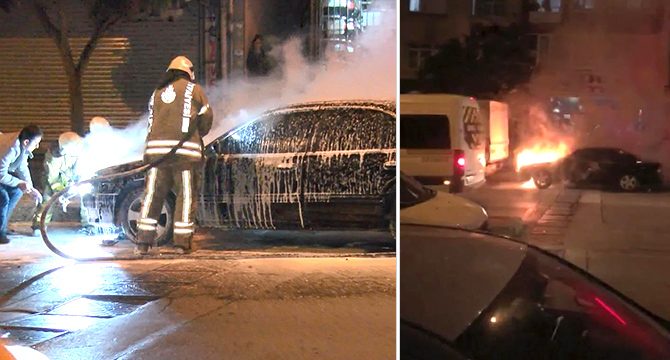 Şişli'de park halindeki otomobil alev alev yandı
