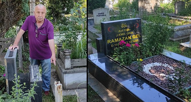 Şehidin mezarının başındaki bayrak direğini çaldılar