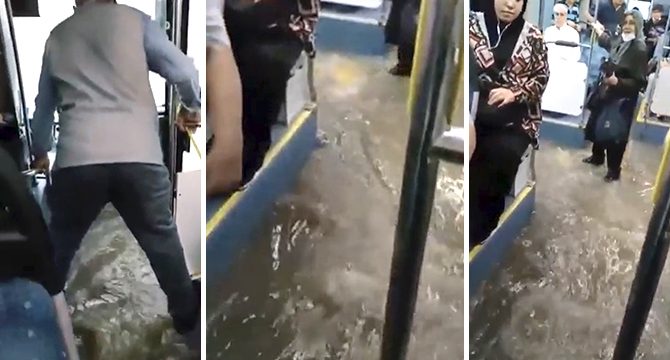 Otobüsü su bastı, yolcular panikle kaçıştı