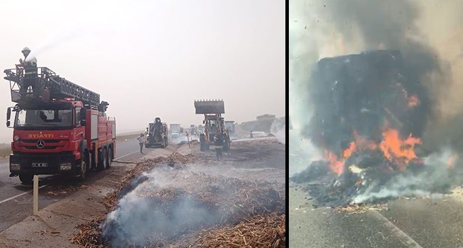 Diyarbakır'da saman yüklü 3 TIR alev alev yandı