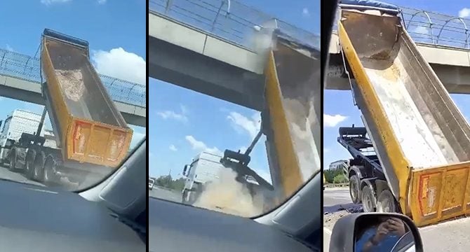 İstanbul'da hafriyat kamyonunun damperi üst geçide çarptı